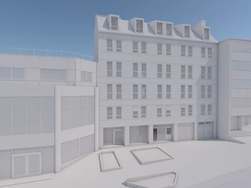 Maquette numérique BIM d'un immeuble avant travaux.