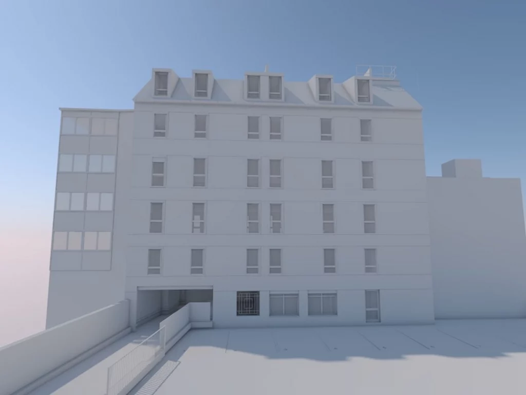 Maquette numérique BIM d'un immeuble avant travaux.