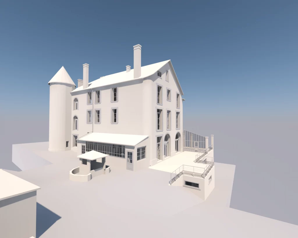 Maquette numérique BIM illustrant l'intérieur d'un ouvrage classé.