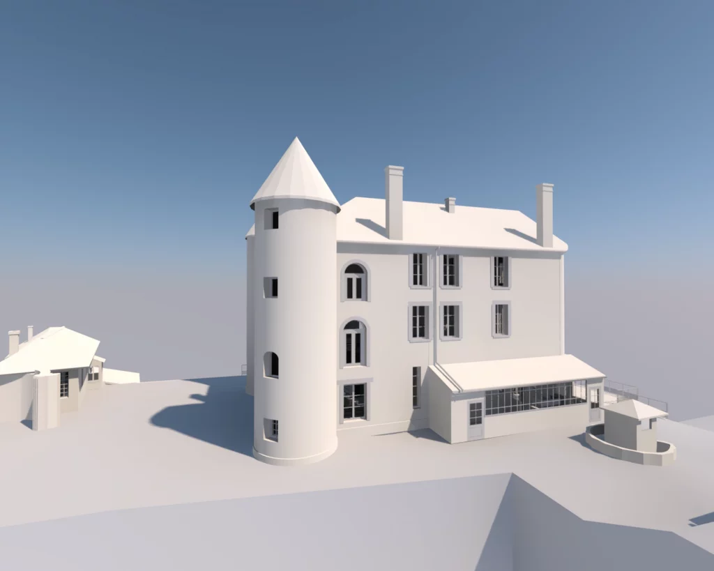 Maquette numérique BIM illustrant l'intérieur d'un ouvrage classé.