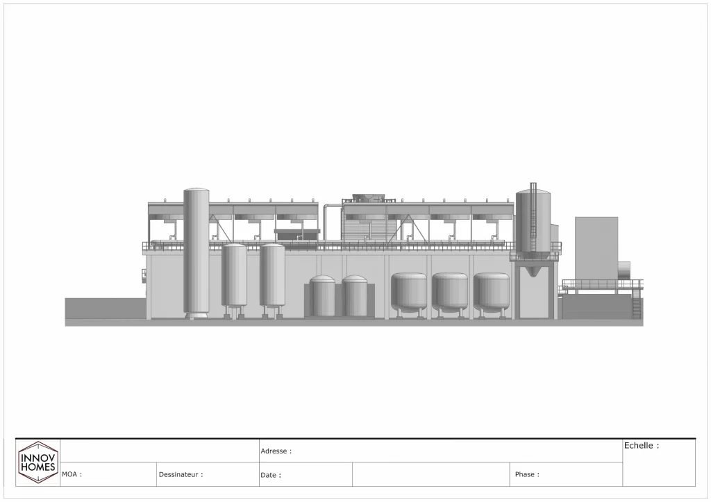 Plan 2D architectural d'un site industriel.
